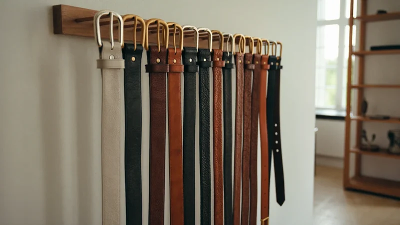 Gürtel hängen geordnet an einer Holzleiste in einem ruhigen, hellen Atelier.